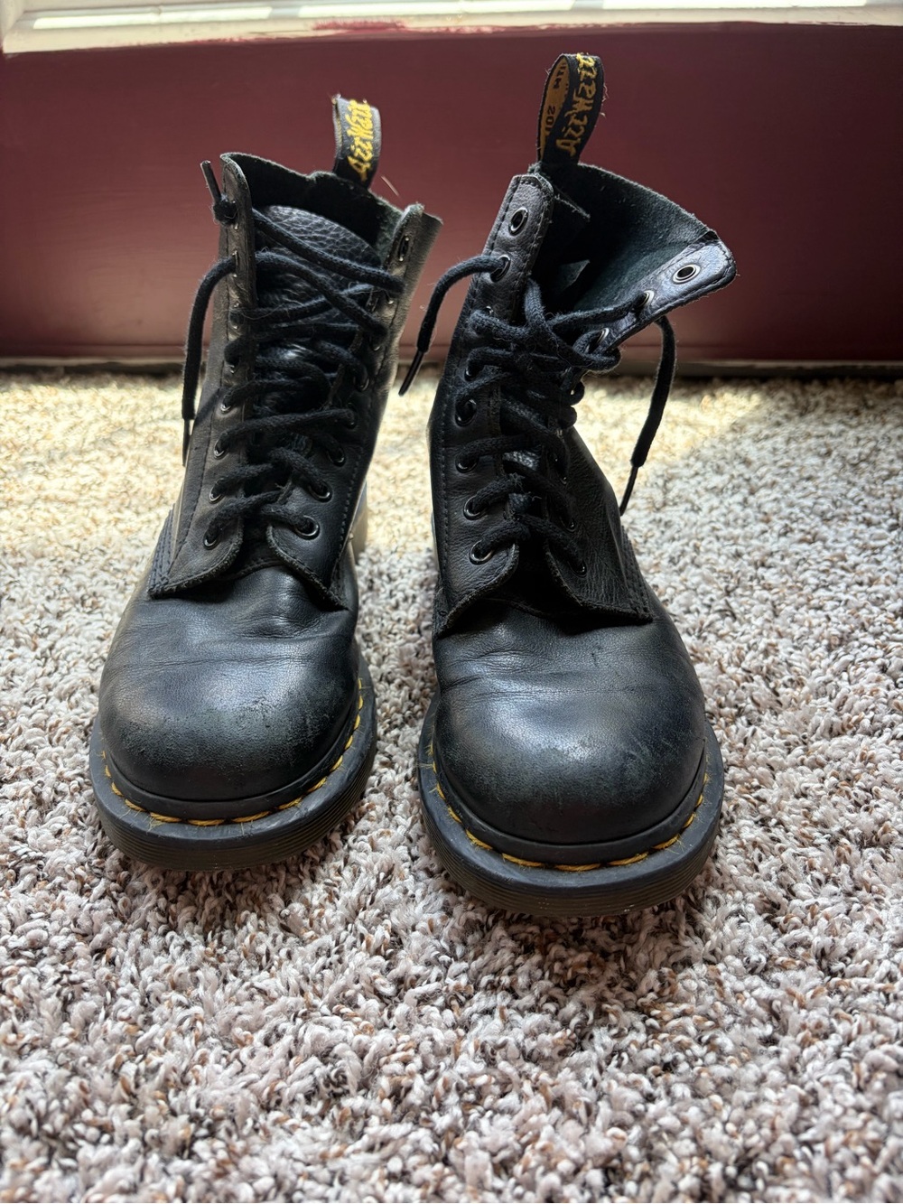 Dr. Martens Black Leather Lace-Up Boots with Yellow Stitching